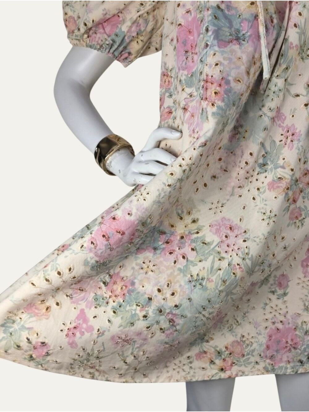 GeeGee Floral Eyelet Puff Sleeve Babydoll Dress Pockets Coquette NWT Small - Picture 7 of 14